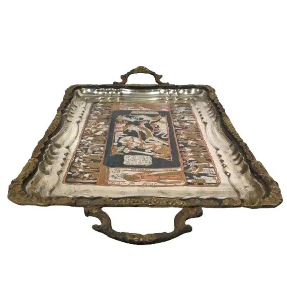 Vintage Egyptian Figural Horse Chariot Copper Silver Metal Serving Platter Tray - Picture 2 of 13